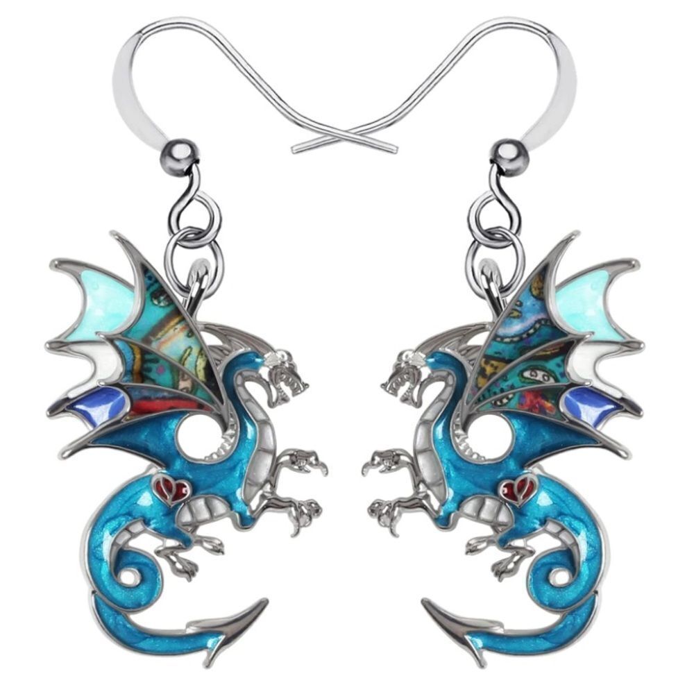 Silver and Multicolor Enamel Mythical Dragon Dangling French Wire Hook Earrings